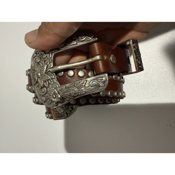 Western Studded Belt San Juan Creek Brown Leather Silver Stamped‎35